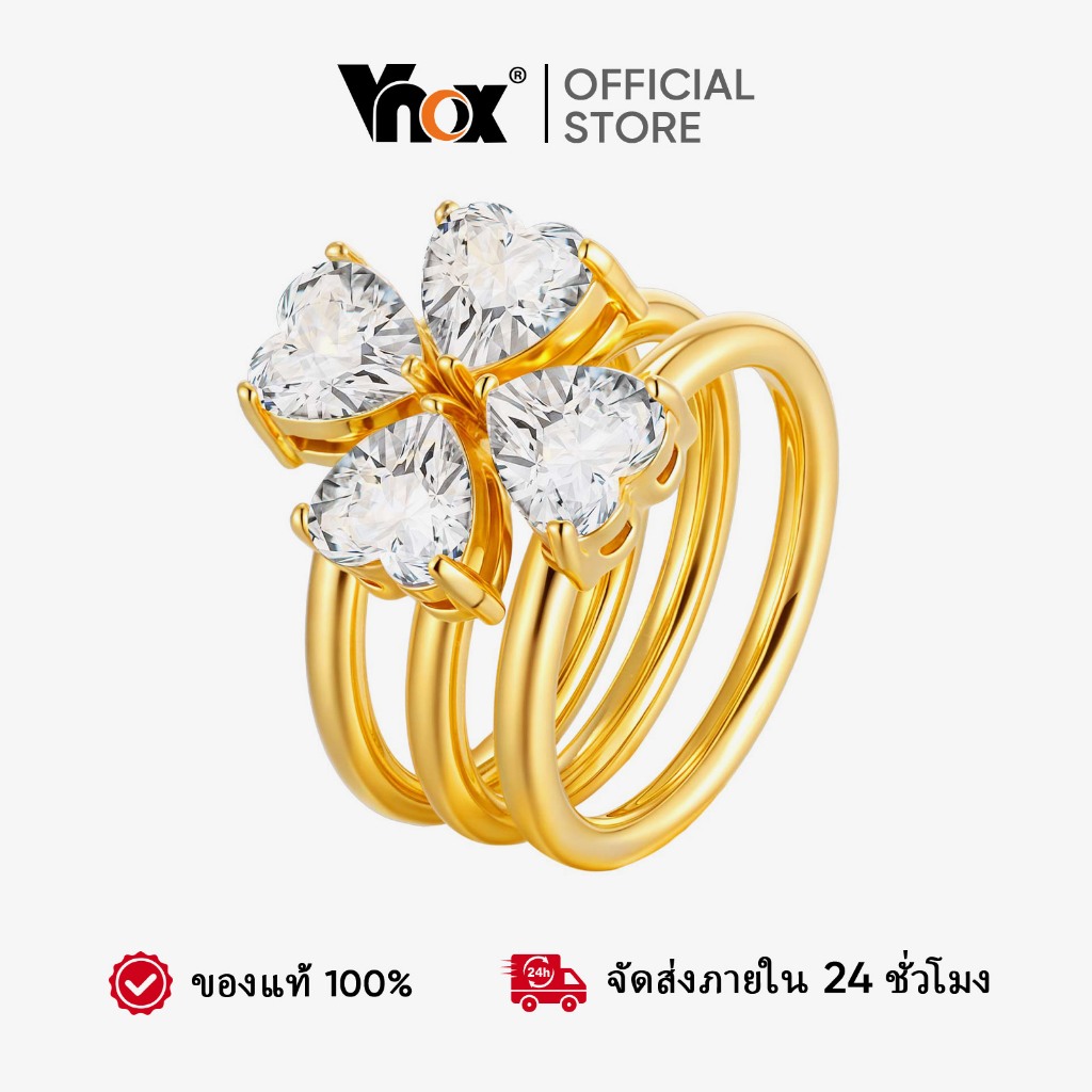 Vnox รูปหัวใจเพทาย Cubic Four-Leaf Clover เปิด 3in1 แหวนสําหรับผู้หญิง,ทองสแตนเลส Lucky Shiny งานแต่งงานแหวนเครื่องประดั
