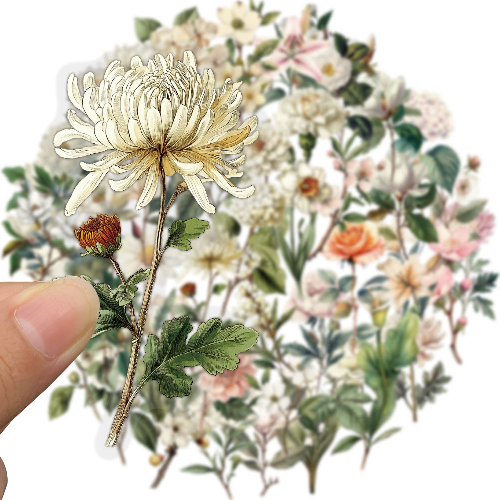 [สติกเกอร์ขนาดใหญ่] 50 ชิ้นหมึกดอกไม้สติกเกอร์ DIY เคสโทรศัพท์วัสดุคู่มือถ้วยน้ําพืชสติกเกอร์ PET โปร่งใส