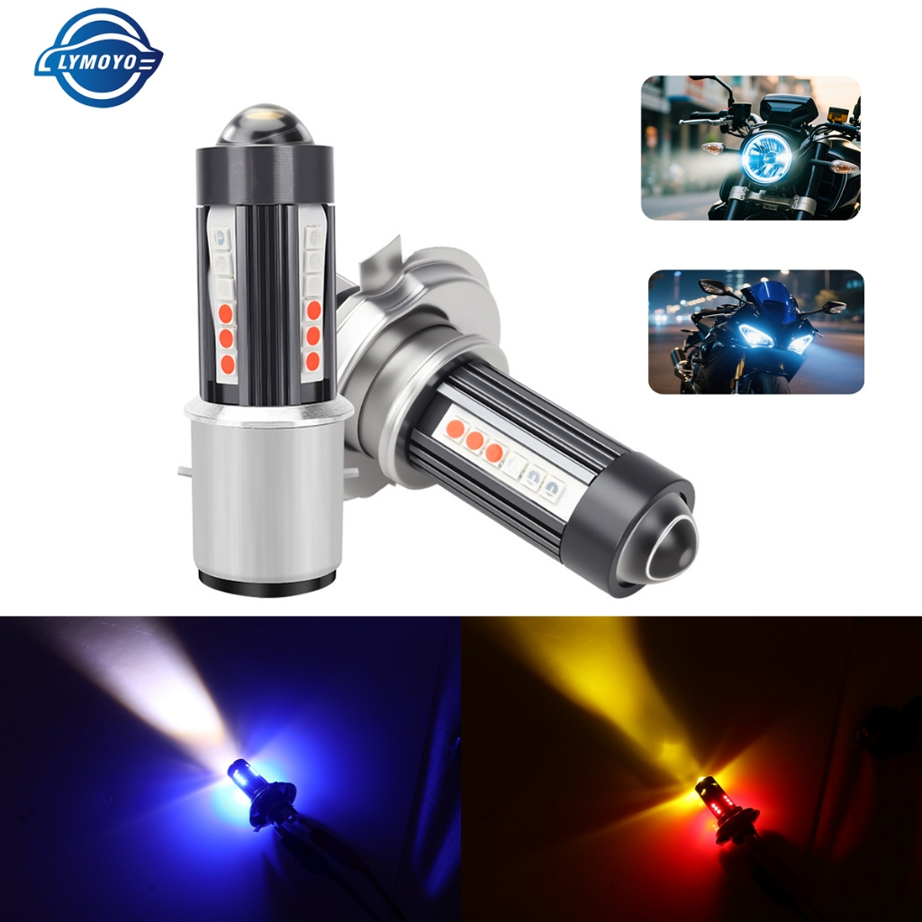 ไฟหน้า LED มอเตอร์ไซค์ 4 สี T19 ไฟหน้า LED H4 BA20D H6 ไฟหน้าหลอดไฟ LED ไฟมอเตอร์ไซค์พร้อมไฟหน้ามอเตอร์ไซค์ตาปีศาจ สีขาว น้ําเงิน แดง และเหลือง