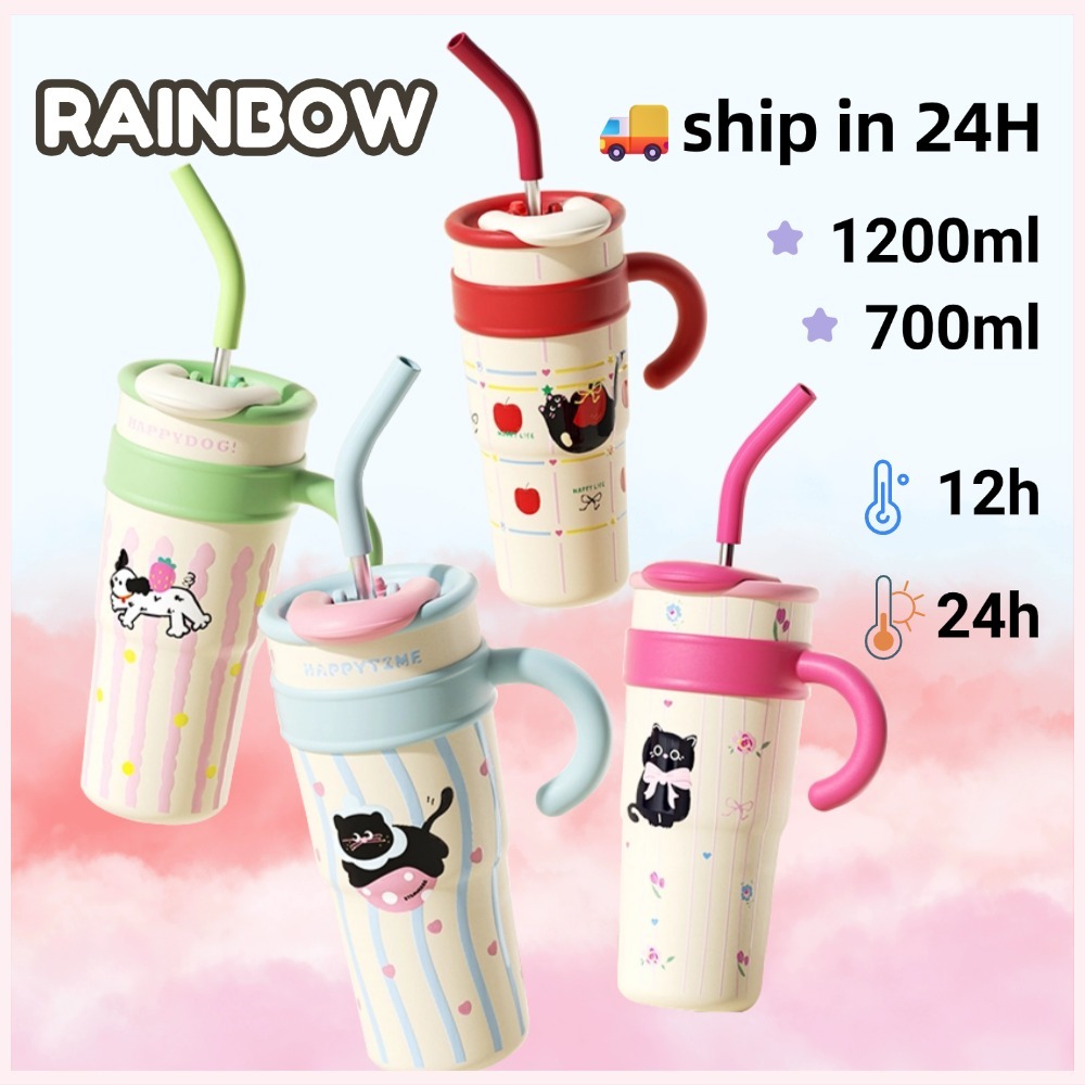 RAINBOW CUP  แก้วน้ํา  น่ารักแก้วเยติ แก้วสแตนเลส ร้อนและเย็นพร้อมด้ามจับและหลอดดูด  ติดตั้งบนยานพาหนะได้ 700/1200ml