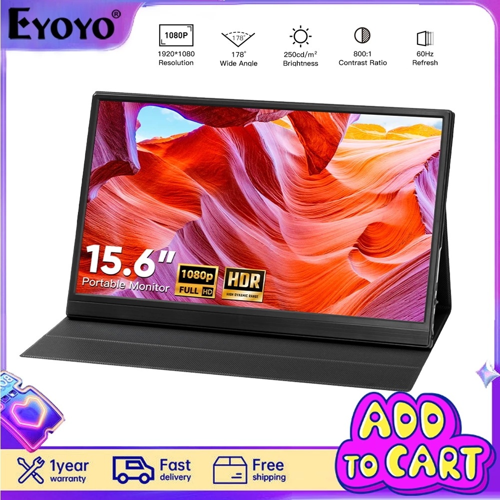 Eyoyo 15.6 นิ้วแบบพกพา HDMI Type-C 1080P HDR หน้าจอ IPS ลําโพงคู่จอแสดงผลสําหรับเล่นเกมสําหรับแล็ปท็อปโทรศัพท์ Xbox PS4 สวิทช์