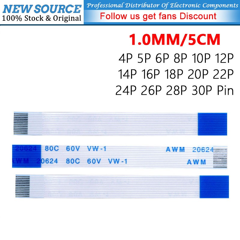 [10 ชิ้น] 5 ซม./50 มม.ความยาว FFC/FPC ยืดหยุ่นแบนสาย 1.0 มม.4P 5P 6P 8P 10P 12P 14P 16P 18P 20P 22P 24P 26P 28P 30P DIY