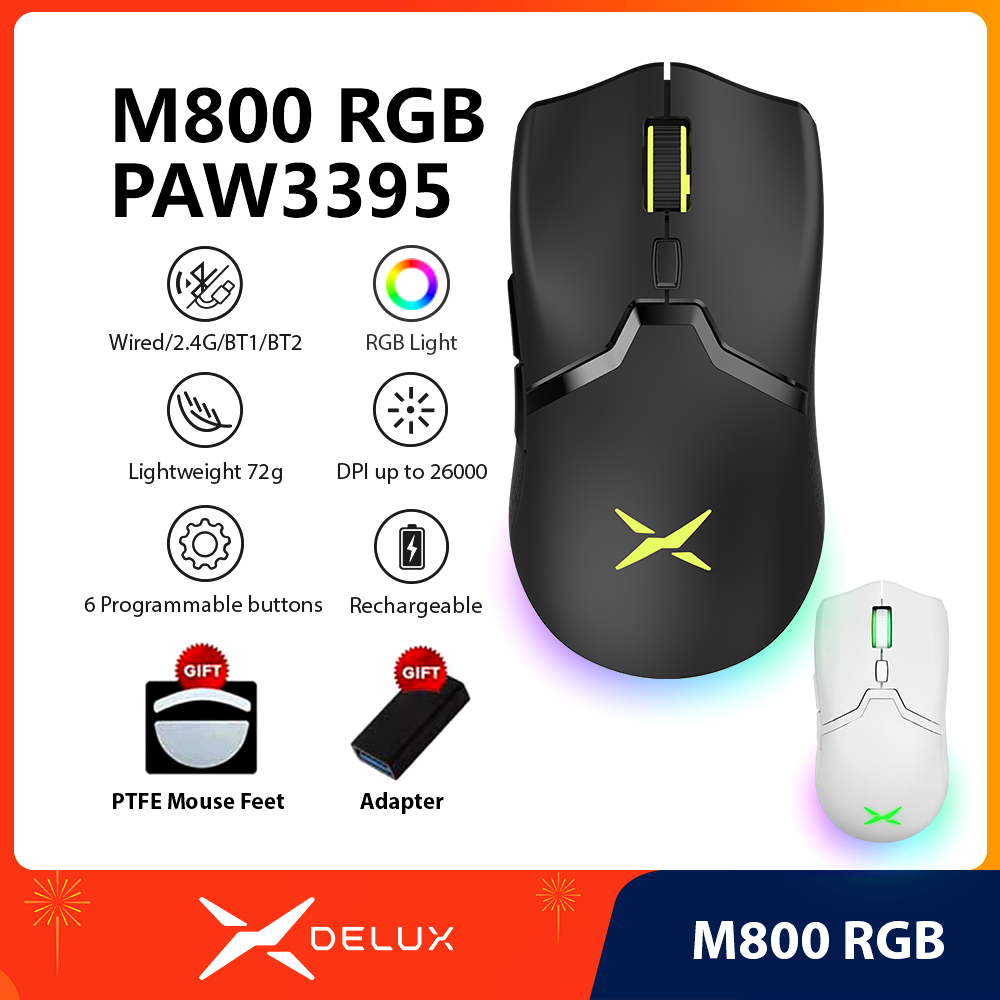 DELUX M800 RGB PAW3395 26000DPI เมาส์เกมแบบมีสายและไร้สาย Bluetooth 2.4gHz แบบชาร์จได้และโปรแกรมได้