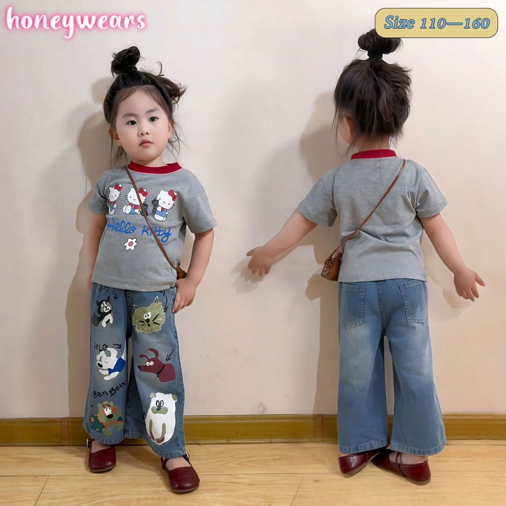 honeywears⚡พร้อมส่ง⚡ชุดเซตเด็ก ชุดเสื้อยืดเด็กผู้หญิง เสื้อ+กางเกงขายาว สไตล์แฟชั่น ฤดูร้อน สบาย ระบายอากาศได้ ไซส์ 110-160