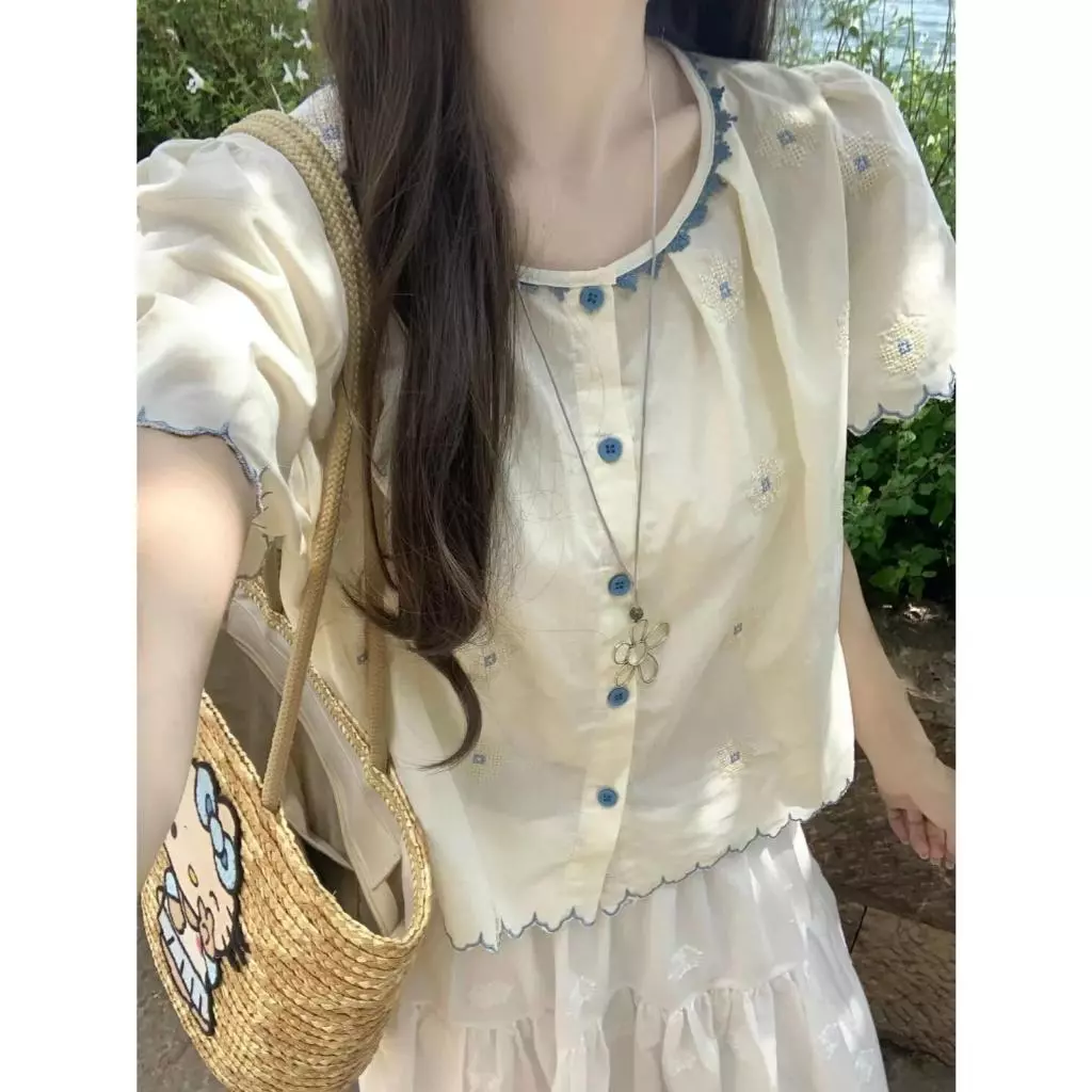 เสื้อแขนสั้นผู้หญิง Retro ลายสก็อตสีชมพู คอตุ๊กตา thumbnail 5