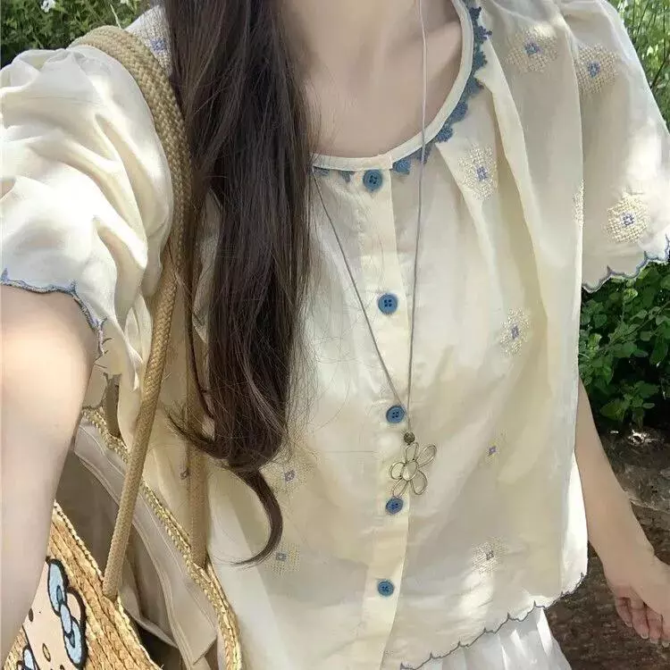 เสื้อแขนสั้นผู้หญิง Retro ลายสก็อตสีชมพู คอตุ๊กตา