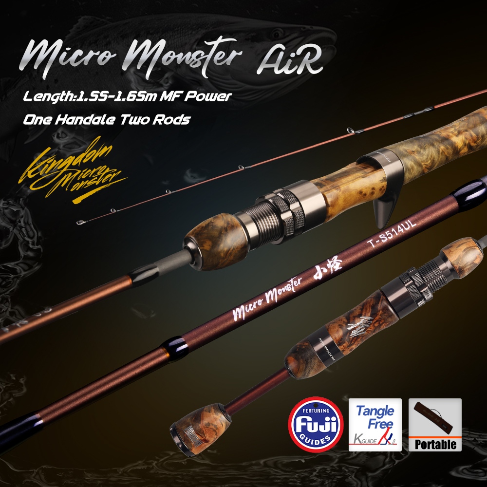 Kingdom MICRO MONSTER AIR Fishing Rod 1.55-1.55m 4+1 ส่วน Casting Spinning Rod FUJI Guide Ring UL/UL+ MF Action Stream Rod Light Travel Pole Ejection Light Flow Fishing Lure Rod