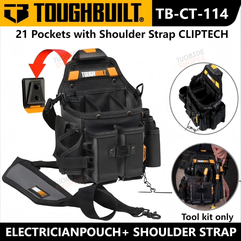TOUGHBUILT TB-CT-114 กระเป๋าช่างไฟฟ้าทนทานหนากระเป๋าเก็บความจุขนาดใหญ่ 21 กระเป๋าพร้อมสายสะพายไหล่ C