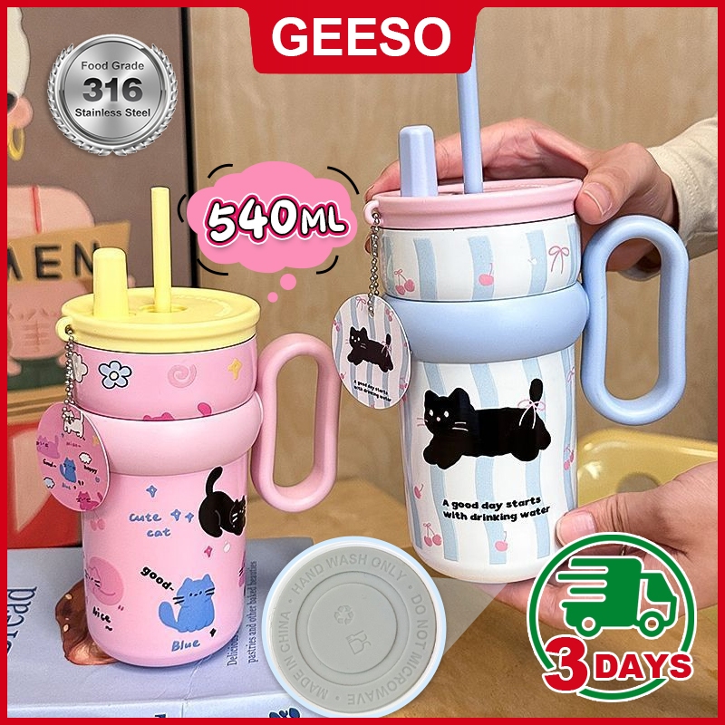 GEESO 540ML แก้วน้ำ แก้วเก็บอุณหภูมิ ายการ์ตูนน่ ารักน่ารักรูปร่างดีไซน์ทันสมัยลวดลายน่ารักสีสันสดใส