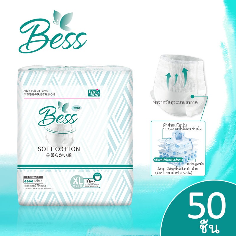 Bess 50 ชิ้น ผ้าอ้อมผู้ใหญ่ สูดอากาศ แพมเพิสผู้ใหญ่ แบบกางเกงปลี่ยนง่ายซึมซับเร็ว ทั้งชายและหญ