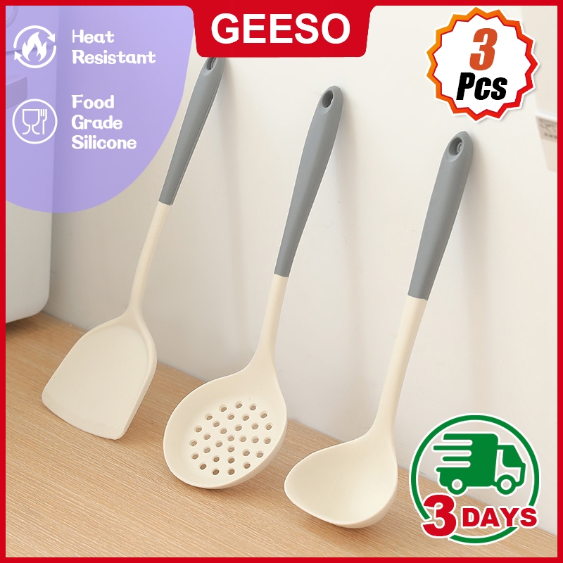 GEESO 3 ชิ้น/เซ็ตเครื่องครัวซิลิโคนพลั่วช้อนกระชอนอุณหภูมิสูงทําอาหารไม่ติดเครื่องครัวซิลิโคน厨具套装