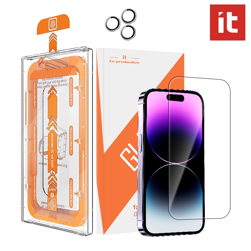 It สําหรับ iPhone 13 14 15 16 16e Pro Max HD ปกป้องหน้าจอ + ตัวป้องกันเลนส์กล้อง, กระจกนิรภัย 9H + ด้านบนพิเศษ, หน้าจอครอบคลุมเต็มรูปแบบ, พร้อมกําจัดฝุ่นอัตโนมัติ