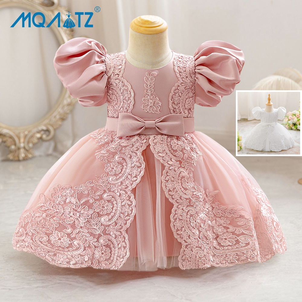 Mqatz พัฟแขน 1st ชุดเด็กผู้หญิงสําหรับเสื้อผ้าเด็กชุดเจ้าหญิงสีขาว Baptism ทารกแรกเกิดวันเกิดชุด QL005XZ