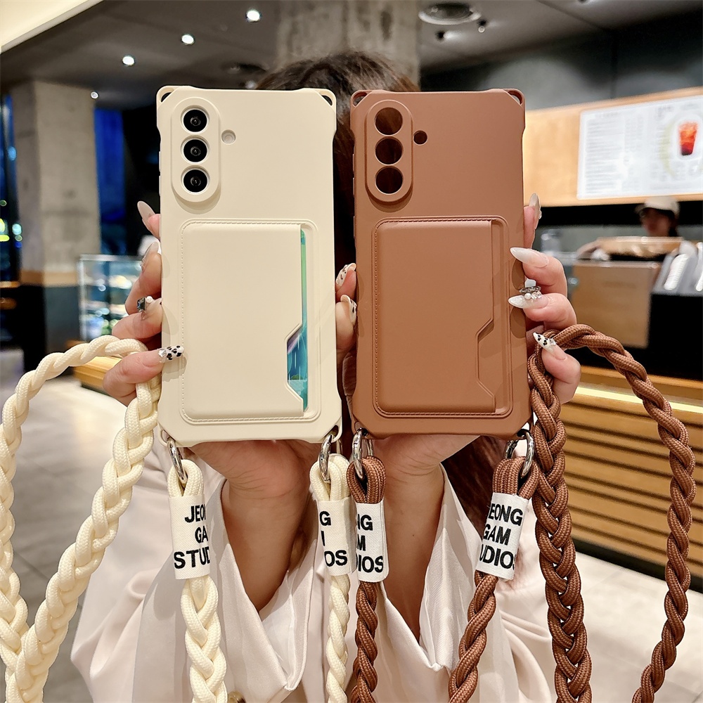 SAMSUNG Braided Crossbody Lanyardเคสโทรศัพท์สําหรับSamsung Galaxy A16 A15 A14 A26 A34 A35 A36 A54 A55 A56 5Gช่องใส่การ์ดสายยาวซิลิโคนนุ่มฝาครอบ
