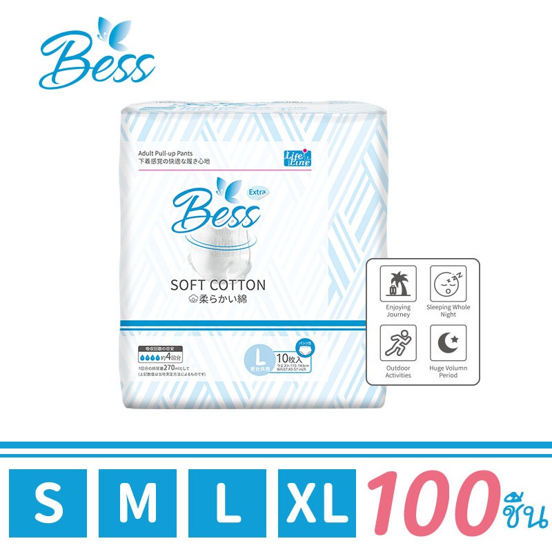 Bess ผ้าอ้อมผู้ใหญ่ แพมเพิสผู้ใหญ่ แบบกางเกง ทุกเพศ S-XL 100ชิ้น สวมใส่สบาย กางเกงผู้ใหญ่ ซึมซับเร็ว