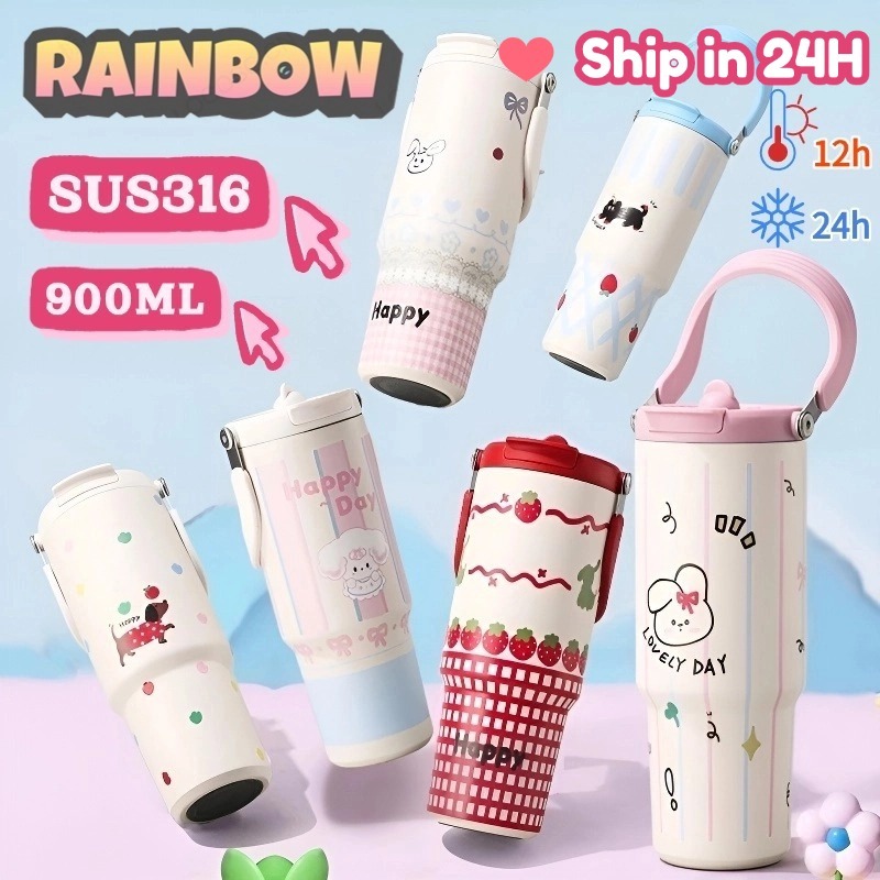 RAINBOW CUP แก้วเยติ ถ้วยสแตนเลส 316 แก้วน้ำพกพา พร้อมด้ามจับและหลอดดูด ลายการ์ตูน ใหญ่ความจุ 900ml