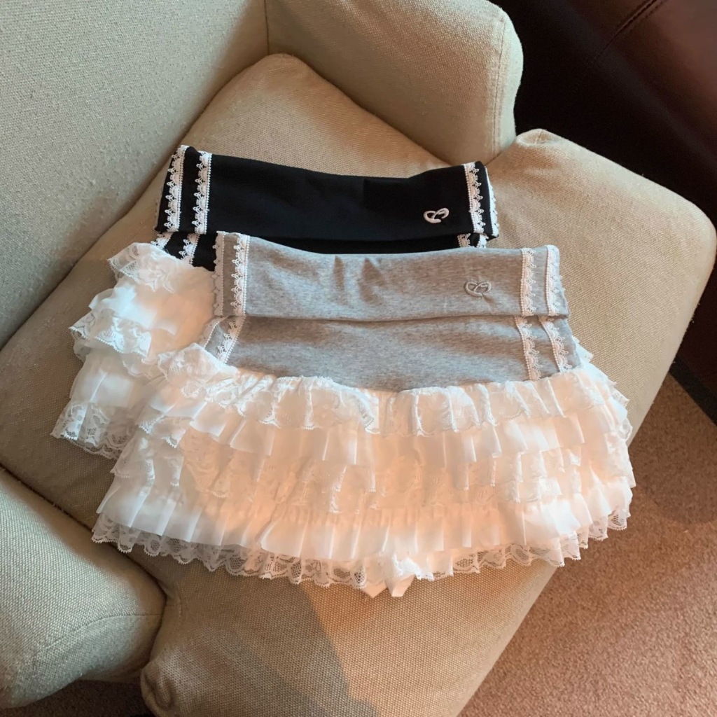 กระโปรงเค้กเอวสูงเย็บลูกไม้ สไตล์เกาหลี