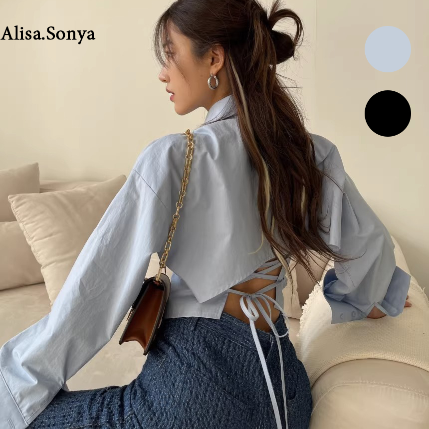 Alisa.Sonya เสื้อเชิ้ต แขนยาว ผูกหลัง สายเดี่ยว สีพื้น ทรงเข้ารูป มีกระดุม ผู้หญิง 24AS1058