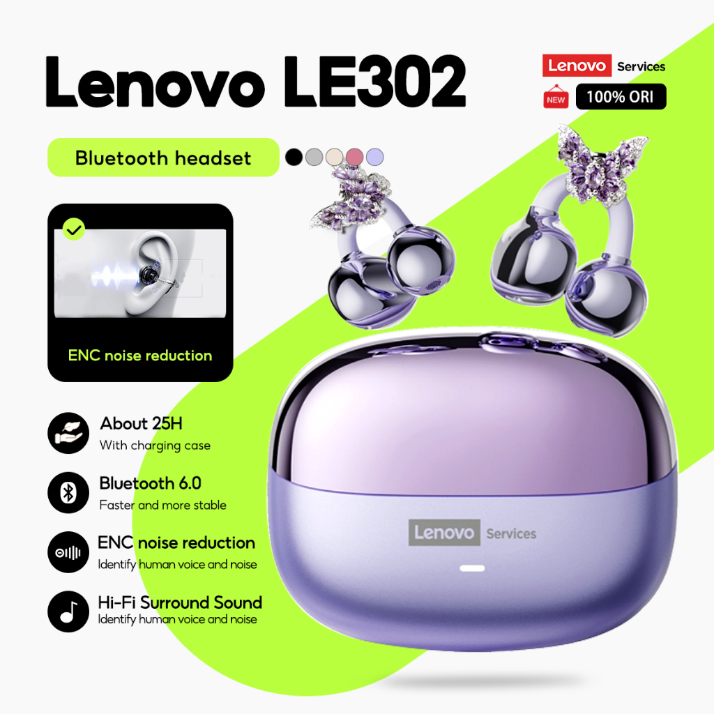 Lenovo LE302 หูฟังไร้สายบลูทูธ TWS คลิปหูประเภทหูฟังบลูทูธ 6.0 Touch Control Latency ต่ําอายุการใช้ง
