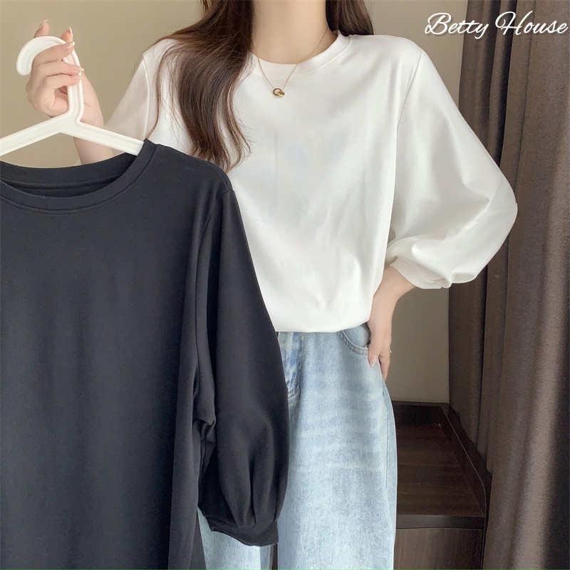 Betty house พร้อมส่ง เสื้อยืดแขนยาวแฟชั่นผู้หญิงที่สวยงาม สีพื้นสีขาว ทรงหลวม แขนพอง สไตล์เกาหลีเรียบง่าย หวานและน่ารัก