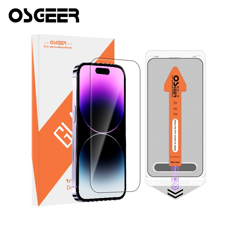 OSGEER ฟิล์มแก้วสําหรับ iPhone 17 air 11 12 13 14 15 16 16e Pro Max พร้อมเครื่องมือติดตั้งปราศจากฝุ่น, กระจกป้องกันหน้าจอยาวที่สุดกระจกนิรภัยทนทาน
