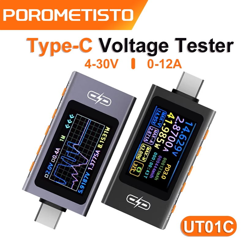 POROMETISTO UT01C โวลต์มิเตอร์แบบดิจิตอล 240W Type-C ถึง USB Tester Fast Charging Trigger Meter HD จ