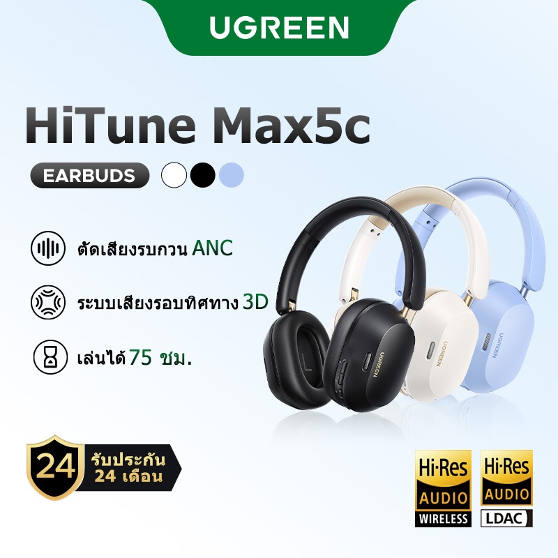 UGREEN หูฟังครอบหู Max5C ไร้สายบลูทูธ 5.4 หูฟัง Hi-Res Certified HiFi หูฟัง 3D Spatial Audio 43dB ตั
