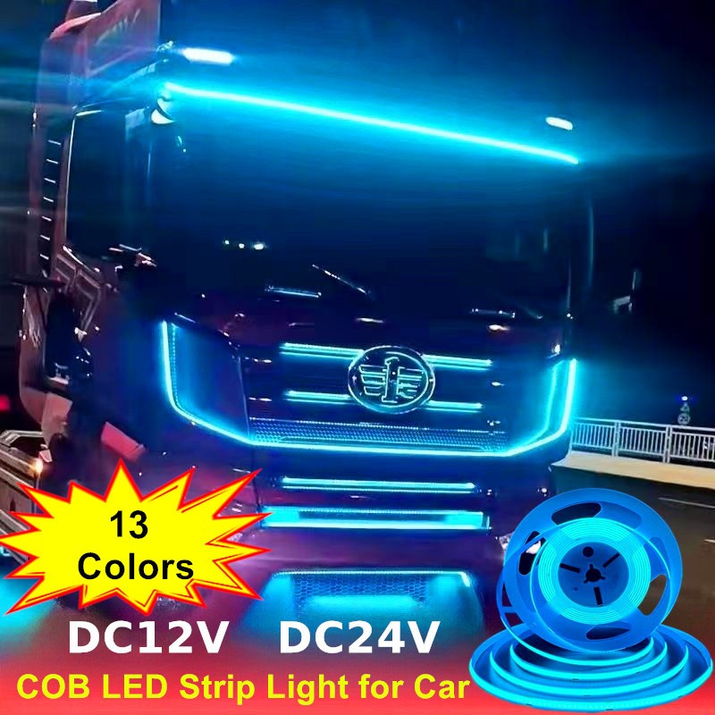 0.5m/1m/2m/2.4m blazxel led ไฟตกแต่งรถยืดหยุ่น DC12V หรือ DC24V COB LED Strip Light สําหรับรถบรรทุกรถจักรยานยนต์ไฟเตือน (มี 13 สี)