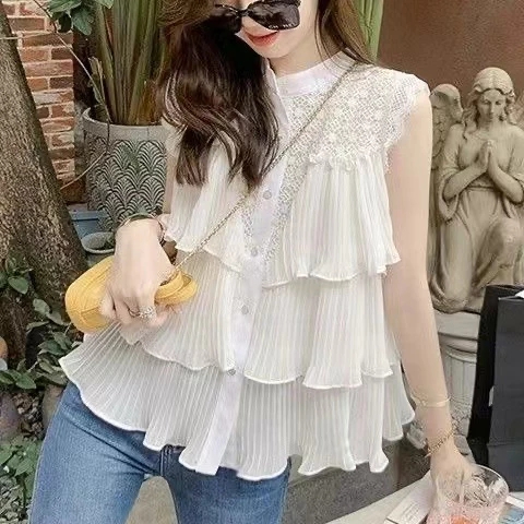 เกาหลี ผู้หญิงแฟชั่นย้อนยุคลําลองรอบคอปกลูกไม้สีขาวจีบเสื้อท็อปส์
