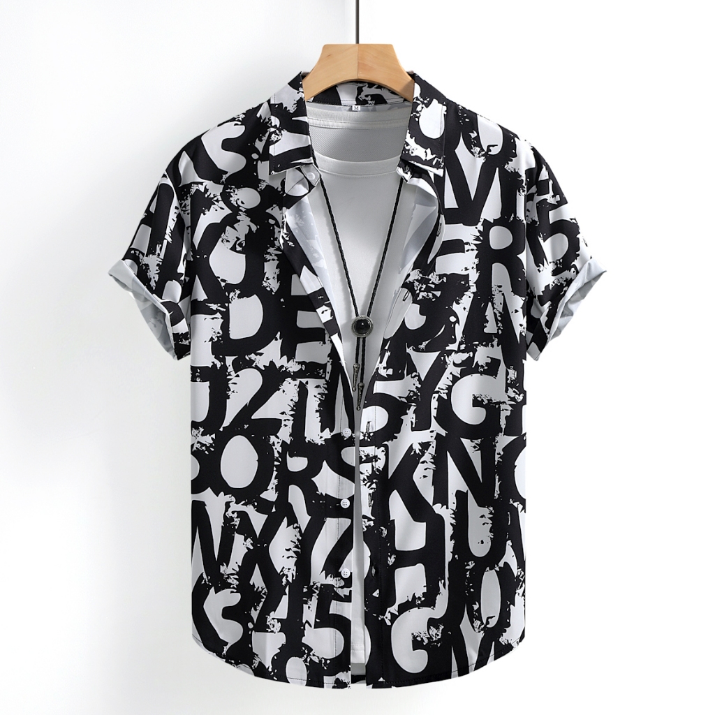 เสื้อลำลองแขนสั้นสีดำและขาวสำหรับผู้ชาย