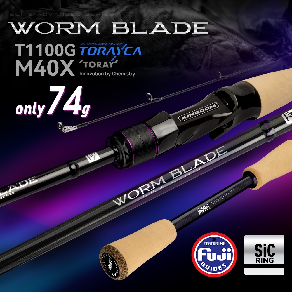 Kingdom WORM BLADE Fishing Rod 1.9m/1.95m/1.98m/2.01m/2.04m 2 ส่วน 74g Casting Rod Spinng Rod FUJI Guide Ring SIC Top Ring L+/ML/M/MH Power Cork Action T1100X 4A