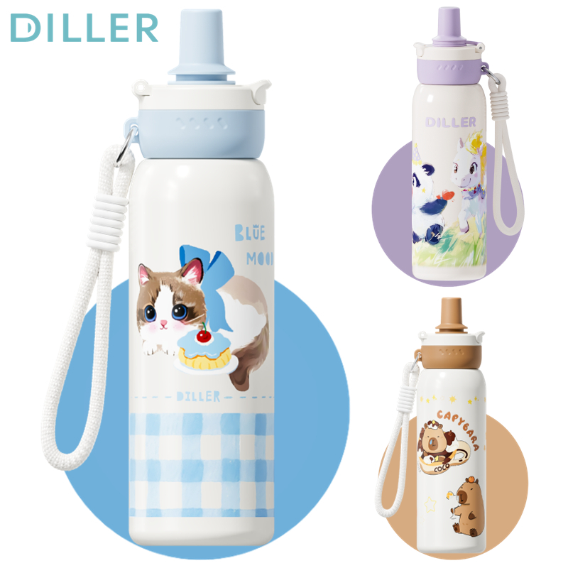 Diller กระติกน้ําสูญญากาศ Thermos 316 สแตนเลสพร้อม Spout และฟางเก็บความเย็นและน้ําร้อนขวด 680ml D9407 D9461 D9432