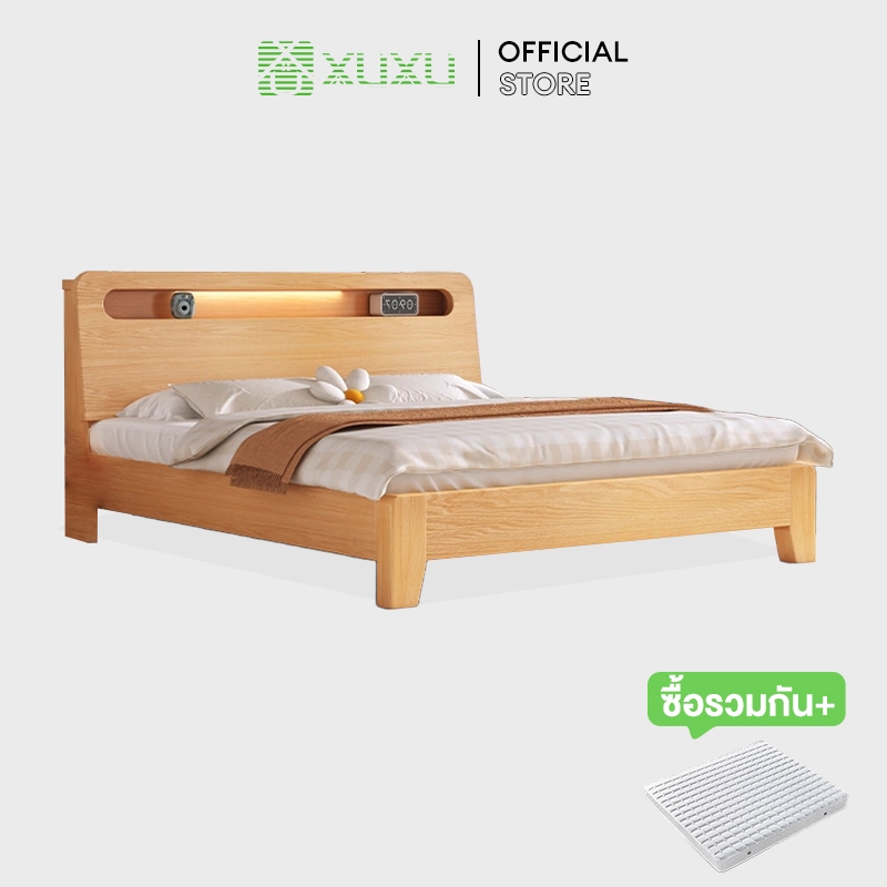 XUXU เตียง เตียงไม้แท้ 3.5/4/5/6ฟุต เตียงไม้จริง สามารถใส่ได้ LED ที่เก็บของข้างเตียง ไม้คุณภาพสูง