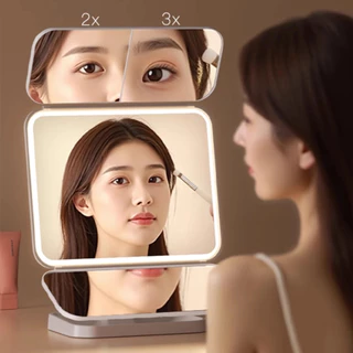 Smart LED Makeup Mirror กระจกแต่งหน้า ไฟ LED กระจกตั้งโต๊ะ 3สี แบตเตอร์รี่ 1200mAh ระบบสัมผัส ดีไซน์พับได้ 3 ตอน กระจกคม