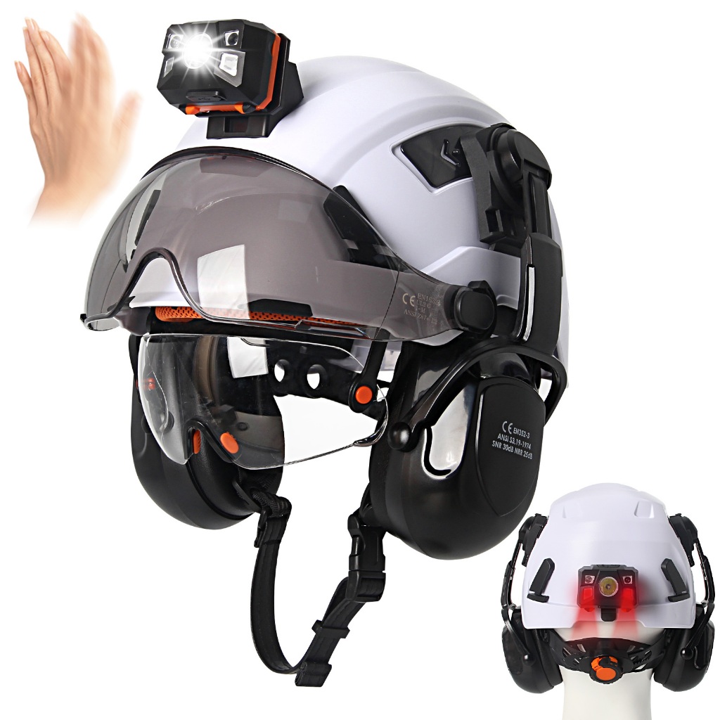 AOLAMEGS หมวกนิรภัยพร้อมแว่นตาคู่ Earmuff ไฟหน้ากลางแจ้งป้องกัน Construct Rescue