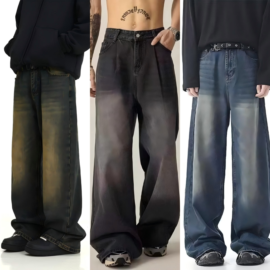 กางเกงยีนส์ชาย เอวยางยืดสไตล์ย้อนยุค กางเกงขายาวทรงตรงขากว้าง ใหม่ล่าสุด ปี 2025 ยูนิเซ็กส์