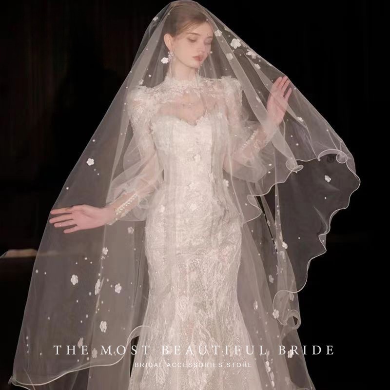 Cathedral Veil ดอกไม้มุกสําหรับงานแต่งงานเจ้าสาวรถไฟหรูหรา 3M Long Veil Handmade Hairdress