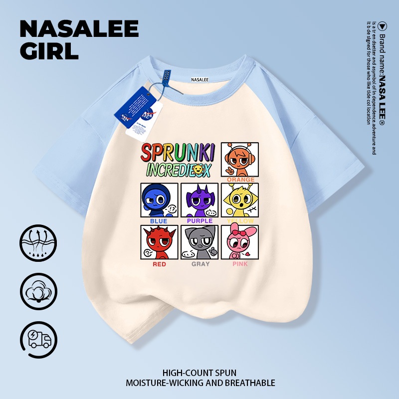 NASA เด็ก Blue Apricot Raglan ไหล่ผ้าฝ้ายแท้แขนสั้นเสื้อยืด Rhythm กล่อง 2025 สไตล์ใหม่ฤดูร้อนชายหญิง Loo