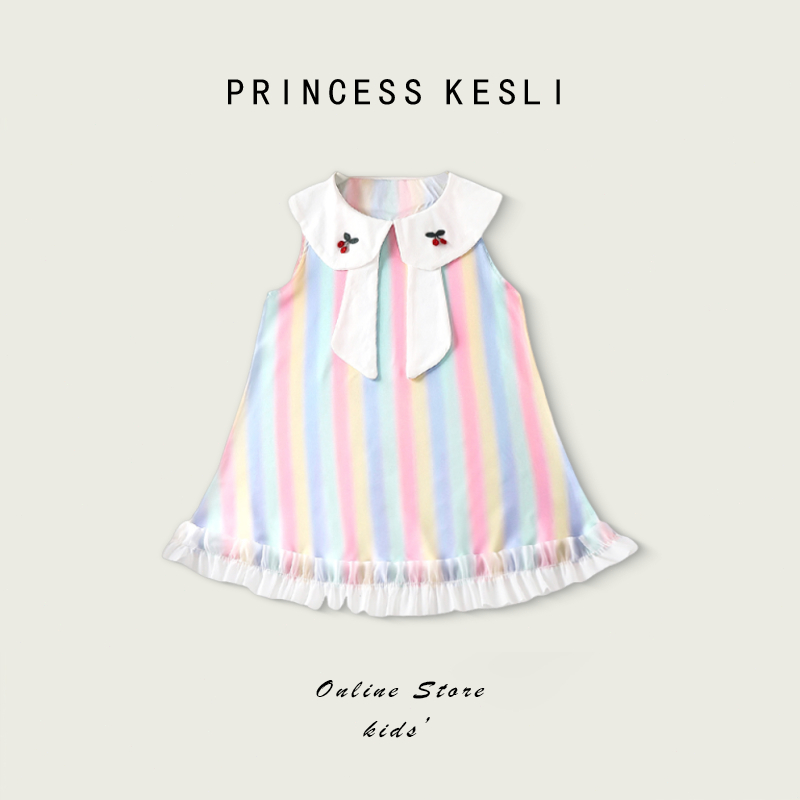 Princess kesli ชุดเดรสน่าสวยๆเหมาะสำหรับลูกสาว แขนกุด คอปกปักลายเชอร์รี่ เนื้อผ้