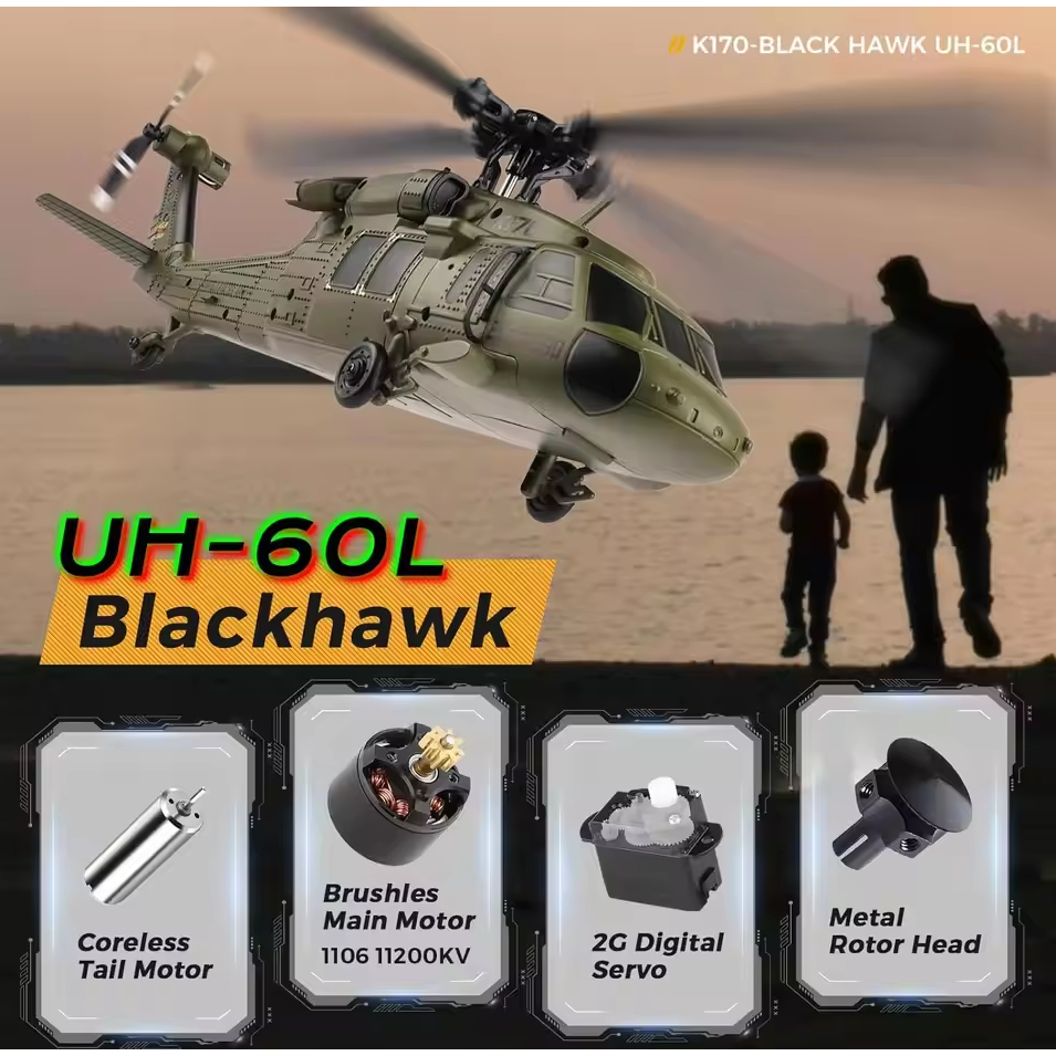 WLtoys RC เฮลิคอปเตอร์มอเตอร์ไร้แปรง k170 UH-60L 2.4 Ghz 4CH 6-Aixs Gyroscope ใบมีดเดียว Propellor G
