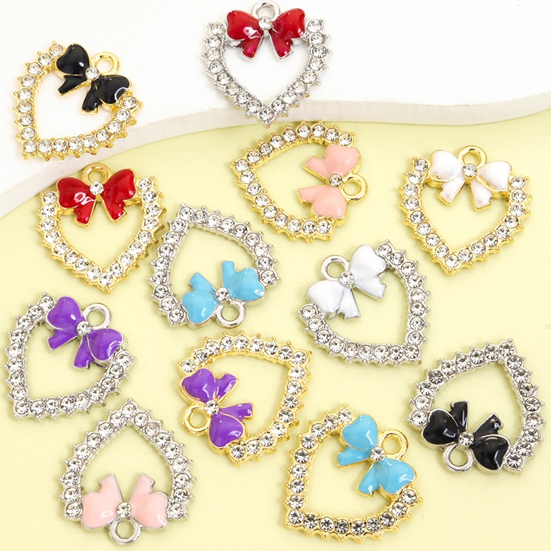 10 ชิ้นน่ารัก 6 สีหยดน้ํามัน Bow & Hollow รูปหัวใจ Charms แฟชั่น Clavicle Chain สร้อยคอสร้อยข้อมือต่างหูพวงกุญแจปลั๊กฝุ่น DIY Full Rhinestones Love Heart Bowknot จี้