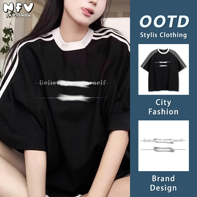 NFV เสื้อยืดคอกลมแขนสั้นลายข้าง 3 ขีด แฟชั่นเกาหลี ลายพิมพ์เส้น ใส่สบาย ผ้าฝ้าย ทรงหลวม YG225 ราคา ถูกที่สุด ดีลบีเคเค