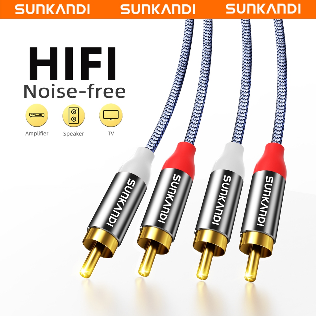 สายสัญญาณเสียง SUNKANDI 2RCA ถึง 2RCA สายชุบทองสเตอริโอชายสําหรับโฮมเธียเตอร์