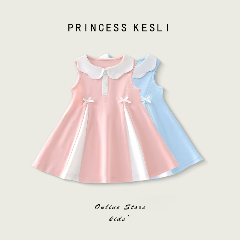 Princess kesli ชุดเดรสเด็กผู้หญิง แขนกุด ระบายอากาศได้ดี ชุดเดรสโปโลสำหรับเด็กผู้หญิง 2-12 ปี