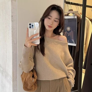 (พร้อมส่ง)เสื้อไหมพรมแขนยาวสีแดง ดีเทล เสื้อสเวตเตอร์ไหล่เดียวเกาหลี,ใส่สบาย ใส่สบาย ผู้หญิง เสื้อแขนยาว