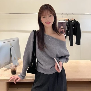 (พร้อมส่ง)เสื้อไหมพรมแขนยาวสีแดง ดีเทล เสื้อสเวตเตอร์ไหล่เดียวเกาหลี,ใส่สบาย ใส่สบาย ผู้หญิง เสื้อแขนยาว
