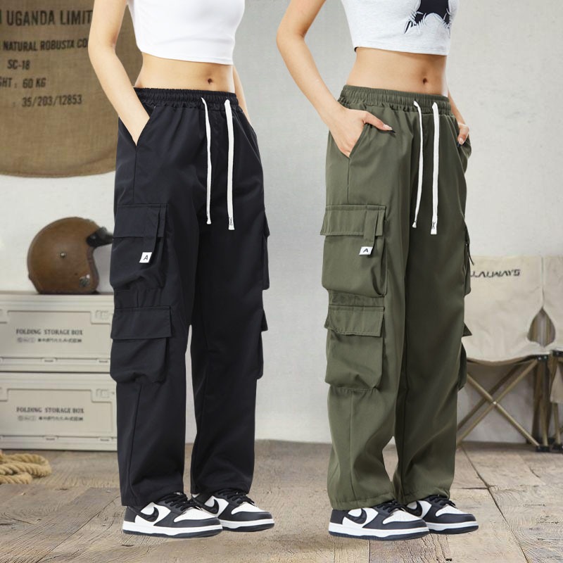 สไตล์กีฬาและสบายๆ, ไซส์ใหญ่สำหรับสาวอวบ, กางเกงขายาวแบบมีเชือกผูก, สไตล์เกาหลีกางเกงคาร์โก้ผู้หญิง