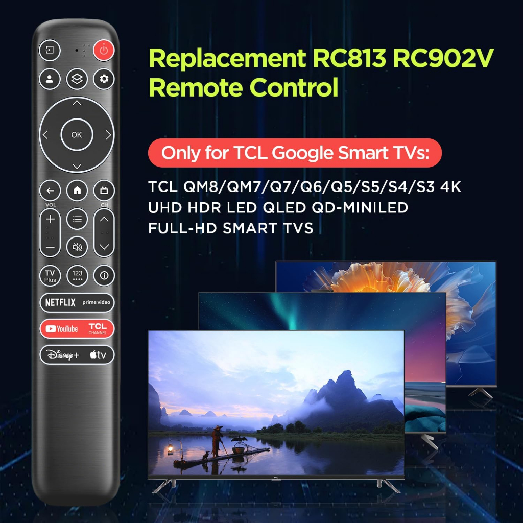 เปลี่ยนรีโมทคอนโทรลสําหรับ TCL Google Smart TV RC813 ใช้งานร่วมกับ TCL QM8/QM7/S5/S4/S3/Q7/Q6/Q5 4K 