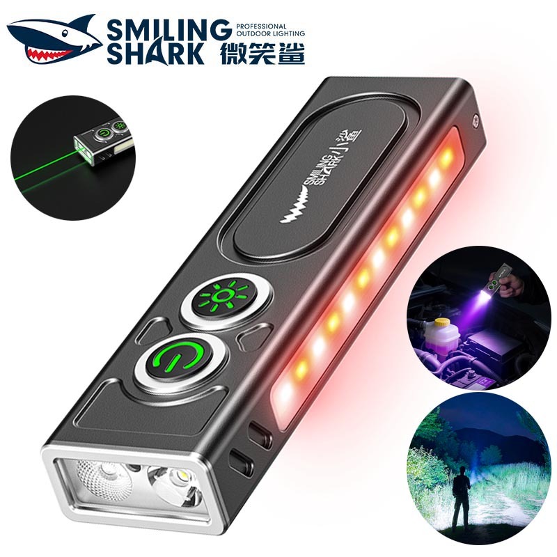 SmilingShark SD5405 ไฟฉาย led เกี่ยวกับแม่เหล็ก ตัวชี้เลเซอร์สีเขียว ไฟฉายตรวจจับ UV ด้วยไฟด้านซัง ไฟคบเพลิง 6 โหมด Type-C แบบชาร์จได้ การออกแบบคลิป กันน้ำสำหรับการตั้งแคมป์
