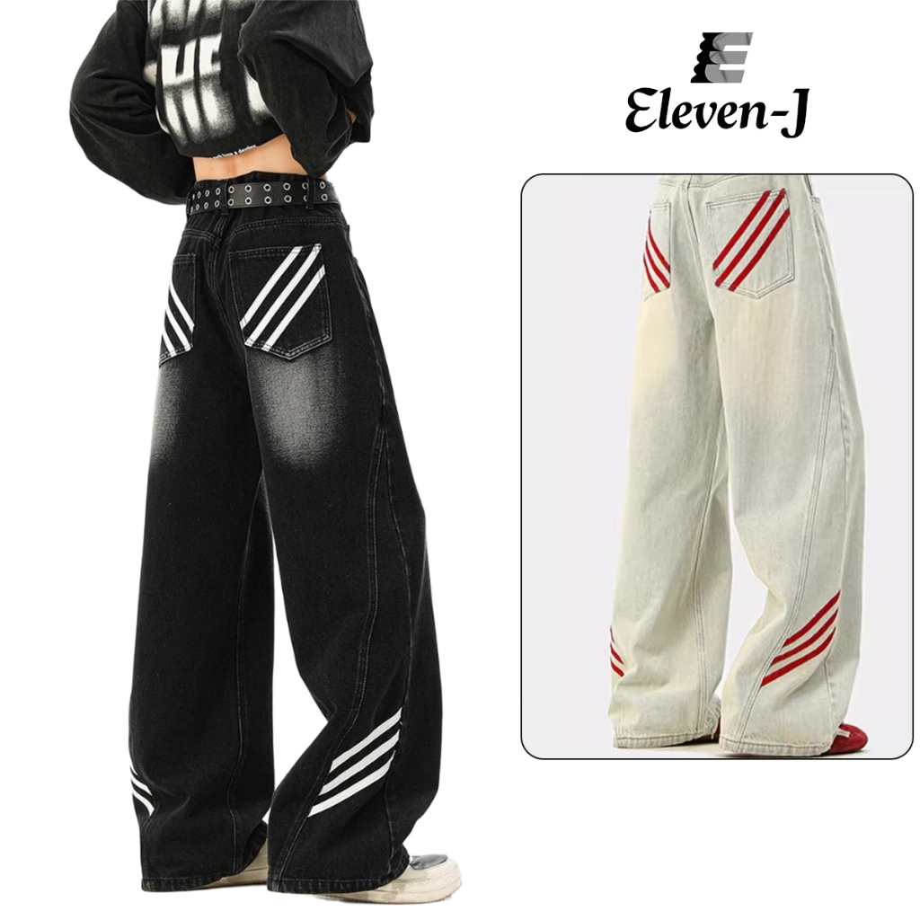 Eleven-J [ส่งฟรี]กางเกงยีนส์ผู้ชาย  สีดินเผา/ดำ สไตล์ Navy American ลาย3ขีด ทรงตรงขากว้าง เนื้อผ้านุ่ม ใส่เที่ยวทะเล/ชีวิตประจำวัน 2025